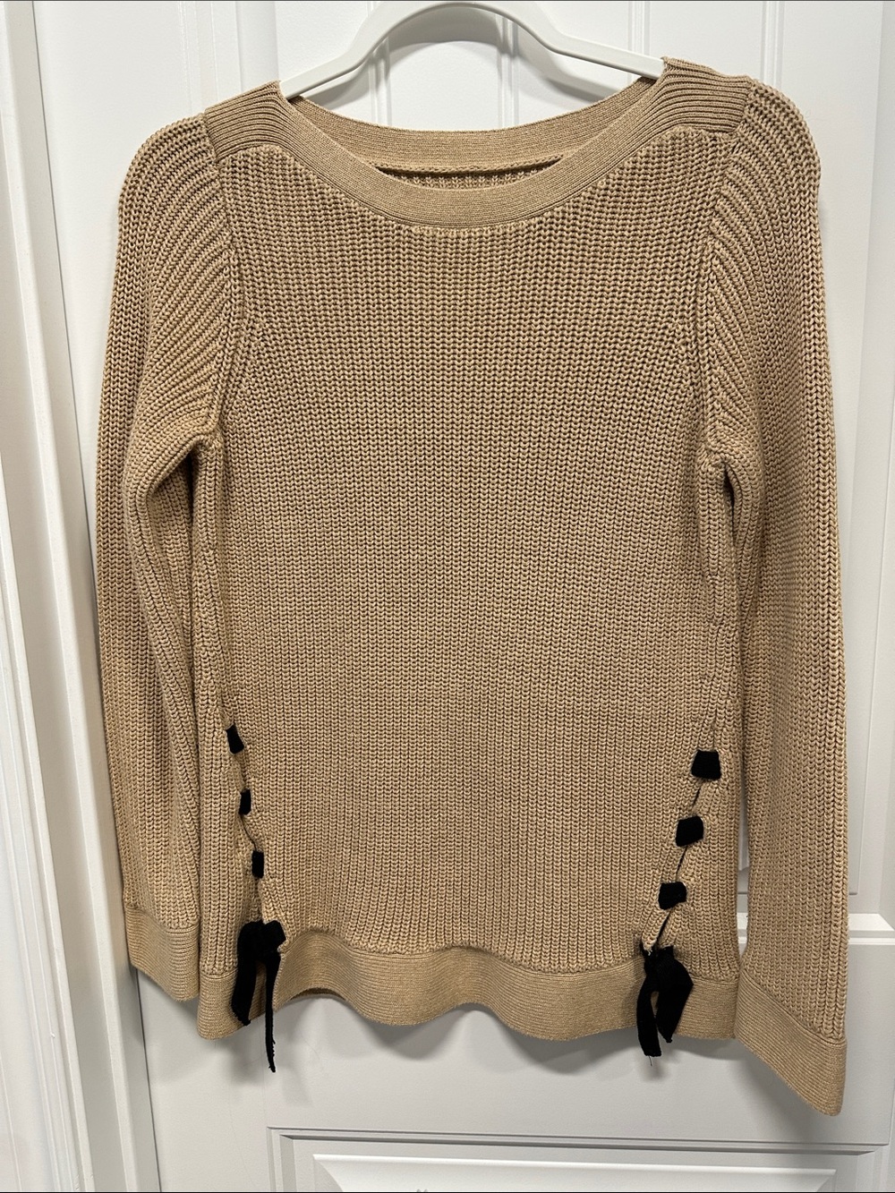 LOFT Tan Knit Crewneck Sweater with Black Side Lace Accents